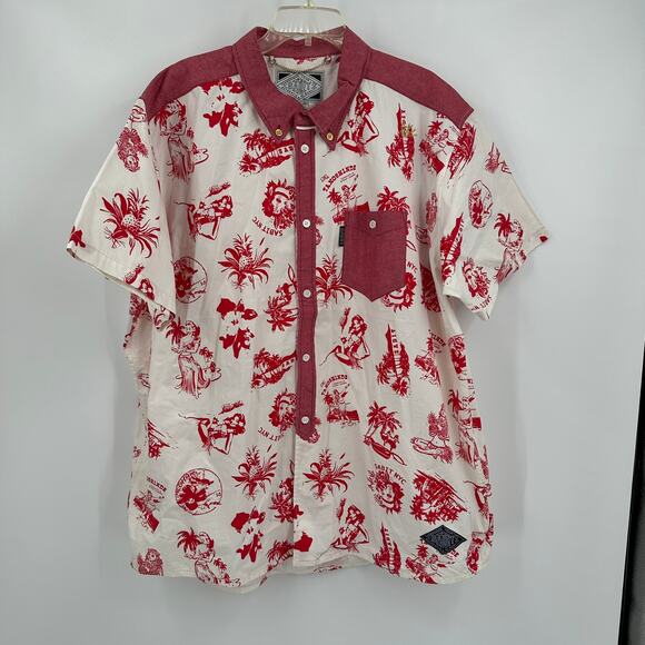Sabit Men Hawaiian Shirt Size 4X Red White Tanoshinde Hula Girls Button Tropical - Picture 1 of 10